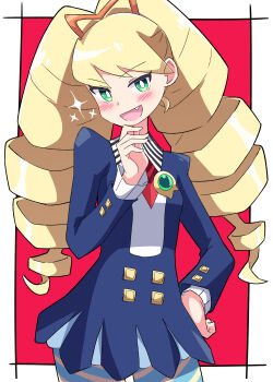 1girl absurdres blonde_hair blue_dress bow buzzlyears dress drill_hair fang green_eyes hair_bow hand_on_own_hip highres long_hair luna_platz_(mega_man) mega_man_(series) mega_man_star_force_(series) open_mouth pantyhose red_background smile sparkle striped_clothes striped_pantyhose twin_drills very_long_hair