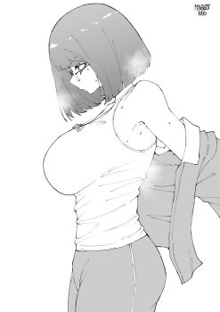 1girl absurdres armpit_peek artist_name bare_shoulders bob_cut breasts cowboy_shot desyana_laurentia dressing from_side glasses greyscale highres jewelry large_breasts looking_ahead medium_hair mole mole_under_eye monochrome necklace norman_maggot original pants profile puckered_lips shirt simple_background solo sweat swept_bangs tank_top track_pants white_background white_shirt