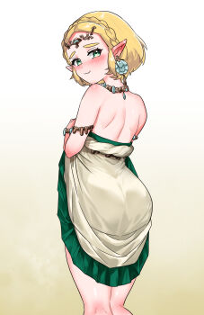 1girl :3 armlet bags_under_eyes bare_shoulders blonde_hair blush bracelet braid closed_mouth clothes_lift commentary_request crown_braid dress dress_lift earrings feet_out_of_frame from_behind gradient_background green_eyes highres jewelry looking_at_viewer looking_back necklace nintendo pointy_ears princess_zelda short_hair solo strapless strapless_dress the_legend_of_zelda the_legend_of_zelda:_tears_of_the_kingdom wasabi_(legemd) white_dress yellow_background