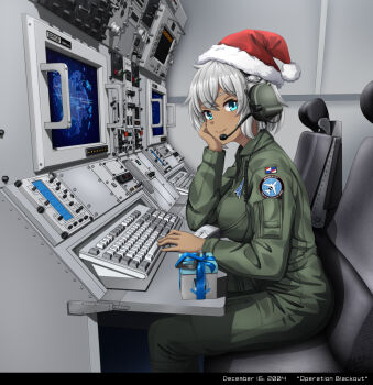 1girl ace_combat ace_combat_04 airplane_interior awacs blue_eyes blue_ribbon bodysuit box chair christmas commentary commission computer_keyboard computer_mouse dark-skinned_female dark_skin e-767 emblem english_commentary english_text fingernails flag_patch fur-trimmed_headwear fur_trim gift gift_box green_bodysuit grey_hair hand_on_own_cheek hand_on_own_face hat headset highres isaf logo long_sleeves map military mobius_strip original patch product_placement red_hat ribbon santa_hat screen short_hair signature sitting smile upper_body vehicle_interior zero_(73ro)