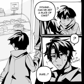 2boys ? areuwuu child coat commentary curtained_hair dessert display english_commentary english_text food greyscale hair_between_eyes height_difference high_collar highres holding_hands hood hood_down jacket kim_dokja male_focus monochrome multiple_boys omniscient_reader&#039;s_viewpoint scar scar_across_eye scar_on_face scarf short_hair spoken_question_mark window_shopping yoo_joonghyuk