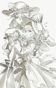 1boy 1girl absurdres alternate_costume chinese_commentary closed_mouth commentary_request couple crossdressing crossdressing_(mtf) dancing dress from_behind from_side gloves grey_background hair_between_eyes hat highres honkai_(series) honkai_impact_3rd light_smile long_hair long_sleeves looking_at_viewer looking_to_the_side monochrome otto_apocalypse qieazhibingjiling simple_background standing theresa_apocalypse trap upper_body