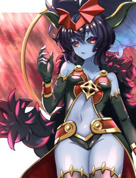 1girl bare_shoulders black_fur black_gloves black_hair black_horns black_sclera black_wings blue_skin breasts colored_sclera colored_skin cropped demon_girl demon_horns elbow_gloves full_body fur_trim gloves gold_trim highres horns horns_through_headwear looking_at_viewer mephisto_pheles_(shinrabanshou) navel pointy_ears red_eyes shinrabanshou short_hair small_breasts smile solo thighhighs wings zero_pheles
