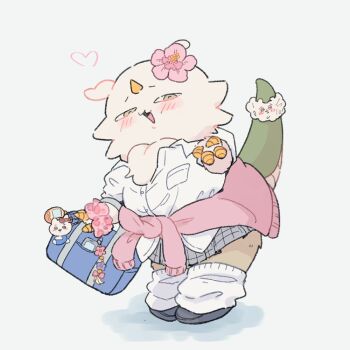 1girl anoko_(chiikawa) blush chiikawa clothes_around_waist commentary_request flower flower_on_head full_body furry grey_background grey_skirt gyaru hair_flower hair_ornament hello_kitty hello_kitty_(character) horns leg_warmers looking_at_viewer nagasode_(nagasode0123) neck_fur pink_flower pink_sweater sanrio scrunchie shirt simple_background single_horn skirt standing sweater sweater_around_waist white_leg_warmers white_shirt wrist_scrunchie