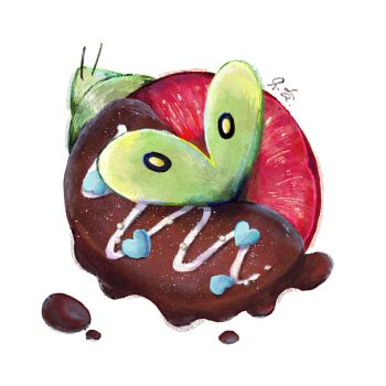 Rule 34 | apple, applin, chocolate, chocolate on body, colored skin, food, food on body, fruit, fukyo, gen 8 pokemon, green skin, heart, highres, nintendo, pokemon, pokemon (creature), tail, white background, wyrm, yellow eyes