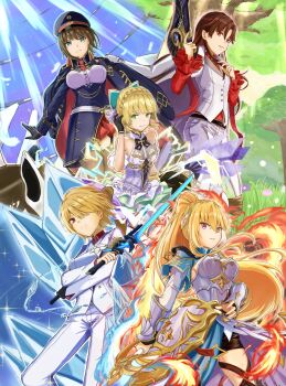 Rule 34 | 5girls, aoi erika, black hair, blonde hair, blue eyes, braid, brown hair, green eyes, gun, hair over one eye, hat, heaven burns red, highres, holding, holding gun, holding sword, holding weapon, kayamori ruka, long hair, multiple girls, nanase nanami (heaven burns red), ponytail, red eyes, sailor hat, shirakawa yuina, short hair, sorablue0106, sword, weapon, yanagi mion