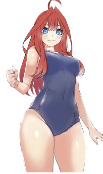 Rule 34 | 1girl, absurdres, ahoge, bad source, blue eyes, blue one-piece swimsuit, blush, breasts, cameltoe, closed mouth, covered erect nipples, covered navel, cowboy shot, go-toubun no hanayome, groin, hair ornament, highres, large breasts, ldeeeeeeeeeejo, long hair, looking at viewer, nakano itsuki, one-piece swimsuit, red hair, revision, school swimsuit, simple background, solo, star (symbol), star hair ornament, swimsuit, white background