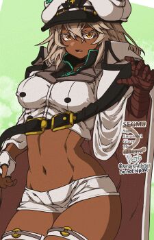 1girl arc_system_works artist_name bandaged_arm bandages breasts dark-skinned_female dark_skin female_focus fingerless_gloves gloves govsoyn guilty_gear guilty_gear_strive hair_between_eyes hat highres looking_at_viewer medium_breasts medium_hair micro_shorts midriff navel open_mouth peaked_cap ramlethal_valentine shorts solo stomach thigh_strap white_gloves white_hair white_hat white_shorts yellow_eyes