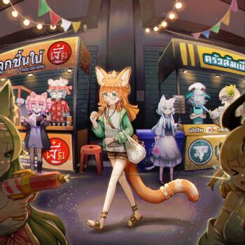 &gt;_&lt; absurdres ahoge animal_ears ankh_necklace arknights bag blonde_hair blue_necktie book casual cat_ears cat_tail cellphone earrings eating festival glasses green_hair green_jacket grey_hair harmonie_(arknights) highres ho&#039;olheyak_(arknights) holding holding_book horns jacket jaye_(arknights) jewelry long_hair muelsyse_(arknights) necktie orange_hair papyrus_(arknights) phone pink_hair pointy_ears reed_(arknights) rosmontis_(arknights) selfie selfie_stick shopping_bag shorts smartphone tail th3cr0ma thumbs_up u-official_(arknights) v water_gun