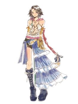 1girl armband arms_behind_back bare_shoulders black_boots black_shorts blue_eyes blue_skirt boots breasts brown_hair closed_mouth final_fantasy final_fantasy_x final_fantasy_x-2 full_body green_eyes half-skirt heterochromia highres hood hood_down jewelry knee_boots looking_at_viewer medium_breasts midriff mmariesr necklace parted_bangs pink_hood plunging_neckline shirt short_hair shorts skirt smile solo undershirt white_background white_shirt yellow_armband yuna_(ff10)