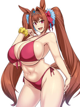:d animal_ears bare_arms bikini blue_gemstone breasts cleavage commentary_request curvy daiwa_scarlet_(umamusume) fang gem hair_between_eyes horse_ears horse_girl horse_tail huge_breasts kawanuma_uotsuri large_breasts long_hair navel open_mouth orange_hair red_bikini red_eyes scrunchie side-tie_bikini_bottom sidelocks simple_background smile standing swimsuit tail thighs tiara twintails umamusume underboob v-shaped_eyebrows very_long_hair white_background wrist_scrunchie