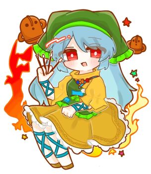 1girl anzu_cha709 apron blue_hair blush blush_stickers brown_sandals chibi frilled_apron frilled_skirt frills green_apron green_headscarf haniwa_(statue) haniyasushin_keiki headscarf highres holding long_hair open_mouth orange_skirt parted_bangs puffy_sleeves red_eyes sandals shirt simple_background sitting skirt solo star_(symbol) touhou white_background yellow_shirt