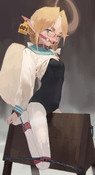 1girl 240mmap absurdres ankle_cuffs arched_back ball_gag bdsm bell blonde_hair blue_eyes bondage bound bound_legs bound_wrists braid breasts chain chained chained_legs chained_wrists collar crying crying_with_eyes_open drooling ear_tag elf gag gagged glasses hair_intakes highres leg_cuffs looking_at_viewer medium_hair neck_bell one_eye_closed original pantyhose pantyhose_under_swimsuit pointy_ears pussy_juice sailor_collar sailor_shirt saliva saliva_trail school_swimsuit shirt simple_background small_breasts straddling swimsuit tears thick_eyebrows twin_braids white_pantyhose wiffle_gag wooden_horse wrist_cuffs