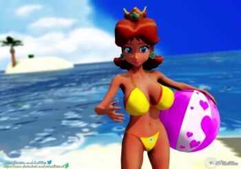 1girl 3d animated bad_tag ball beach beachball bikini blue_eyes breasts brown_hair cleavage close-up half-closed_eyes hand_on_own_hip huge_breasts legs lipstick looking_at_viewer makeup mario_(series) nintendo ocean princess princess_daisy red_lips seductive_smile short_hair smile solo swimsuit tagme tan thighs video virtualblueam2 water yellow_bikini