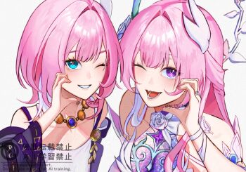 00_akuy 2girls ;o bare_shoulders blue_eyes breasts coat commentary_request cyrene_(aedes_elysiae)_(honkai:_star_rail) cyrene_(honkai:_star_rail) cyrene_(ripples_of_past_reverie)_(honkai:_star_rail) diamond-shaped_pupils diamond_(shape) dress dual_persona flower hair_flower hair_ornament half-heart_hands highres honkai:_star_rail honkai_(series) jewelry long_hair looking_at_viewer medium_breasts multiple_girls necklace one_eye_closed pink_hair purple_coat purple_eyes short_hair simple_background small_breasts symbol-shaped_pupils upper_body very_long_hair white_background white_dress