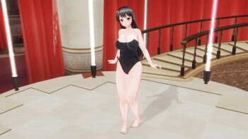 1girl 3d absurdres black_hair black_nails breasts colored_skin highres large_breasts long_hair nail_polish playboy_bunny stage thick_thighs thighs white_skin