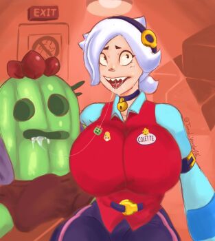 1boy 1girl brawl_stars breasts colette_(brawl_stars) highres huge_breasts saliva saliva_trail sharp_teeth ship spike_(brawl_stars) teeth watercraft