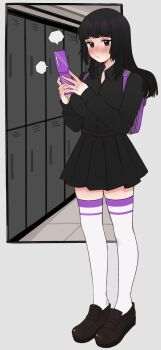 1girl absurdres bag black_hair black_shirt black_shoes black_skirt blunt_bangs blush buttons cellphone character_request collared_shirt commentary commission degrees_of_lewdity english_commentary flip_phone full_body highres holding holding_phone indoors j2citrus locker phone pleated_skirt pout purple_bag purple_eyes purple_trim school school_uniform shirt shoes skirt speech_bubble standing thighhighs tile_floor tiles white_thighhighs