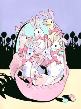 animal_ears animal_focus aqua_background bird black_eyes blue_background bow bowtie closed_mouth commentary creature creature_focus duck easter english_commentary feathers fleebites flower food high_contrast highres no_humans original pastel_colors pink_bow pink_bowtie pink_feathers pink_fur polka_dot rabbit_ears silhouette solid_eyes traditional_media tulip white_feathers yellow_background yellow_feathers