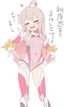 1girl :d ahoge alternate_color blush breasts cameltoe closed_eyes colored_inner_hair commentary cosplay covered_navel dot_nose elbow_gloves fingerless_gloves genderswap genderswap_(mtf) gloves gluteal_fold grey_hair hair_between_eyes hand_on_own_hip heart highleg highleg_leotard highres leotard mizuki_yukikaze mizuki_yukikaze_(cosplay) multicolored_hair nekono_matatabi onii-chan_wa_oshimai! open_mouth oyama_mahiro pink_gloves pink_hair pink_leotard puff_of_air simple_background small_breasts smile smug solo standing taimanin_(series) taimanin_suit taimanin_yukikaze translated two-tone_hair white_background
