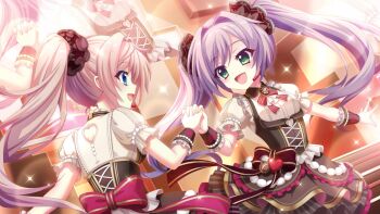 2girls :d back_bow back_cutout blue_eyes bow breasts brown_corset brown_scrunchie brown_wrist_cuffs clothing_cutout corset dot_nose dutch_angle film_grain frilled_wrist_cuffs frills game_cg green_eyes hair_ornament hair_scrunchie headset heart heart_cutout high_ponytail himura_nagisa holding_hands izumi_tsubasu large_bow long_hair looking_at_another misaki_sango multiple_girls non-web_source official_art open_mouth pink_hair ponytail profile puffy_short_sleeves puffy_sleeves purple_hair re:stage! red_bow screen scrunchie short_sleeves sidelocks small_breasts smile sparkle stage stage_lights stairs swept_bangs twintails underbust waist_bow wrist_cuffs