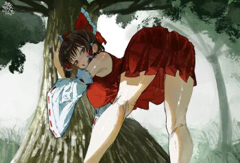 1girl against_tree armpits ass bare_shoulders bent_over blush bow breasts brown_eyes brown_hair come_hither commentary_request detached_sleeves from_behind from_below hair_tubes hakurei_reimu half-closed_eyes highres large_breasts legs looking_at_viewer looking_back naughty_face open_mouth outdoors qvikingr red_bow red_shirt red_skirt seductive_gaze shirt sideboob signature skirt sleeveless sleeveless_shirt solo thighs touhou tree twitter_username