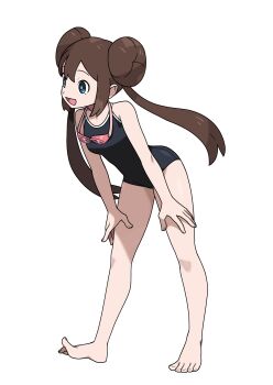 1girl absurdres alternate_costume bare_shoulders barefoot black_one-piece_swimsuit blue_eyes breasts brown_hair commentary_request donut_hair_bun double_bun full_body goggles goggles_around_neck hair_bun highres himurohiromu long_hair nintendo one-piece_swimsuit open_mouth pokemon pokemon_bw2 rosa_(pokemon) school_swimsuit simple_background smile solo swimsuit twintails white_background