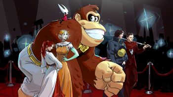 3boys 3girls arm_at_side artist_request black_sclera bow bowtie brown_eyes brown_hair camera_flash clair_obscur:_expedition_33 cloak closed_mouth colored_extremities colored_sclera commentary crossover crowd death_stranding_2:_on_the_beach donkey_kong donkey_kong_(series) donkey_kong_bananza dress english_commentary facial_hair feet_out_of_frame formal_clothes gorilla green_arm green_eyes green_lips grin hades_(series) hades_2 hand_in_pocket hand_on_own_hip height_difference henry_of_skalitz highres holding holding_sword holding_weapon hollow_eyes hollow_knight hollow_knight:_silksong horned_mask hornet_(hollow_knight) jacket kingdom_come:_deliverance_ii long_hair long_sleeves looking_at_another looking_at_viewer maelle_(clair_obscur:_expedition_33) mask melinoe_(hades) multiple_boys multiple_crossover multiple_girls needle_(hollow_knight) nintendo official_art orange_dress over_shoulder pants parted_lips pocket ponytail red_carpet red_cloak red_eyes sam_porter_bridges shirt short_hair sideways_glance size_difference skirt sleeveless sleeveless_dress smile standing supergiant_games sword sword_over_shoulder the_game_awards walking weapon weapon_over_shoulder white_dress white_mask white_pants yellow_bow yellow_bowtie