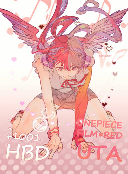 1girl absurdres asymmetrical_bangs asymmetrical_gloves birthday feathered_wings gloves happy_birthday headphones highres long_hair low_twintails miniskirt multicolored_hair musical_note one_piece panngam9 purple_eyes red_hair shirt single_sleeve skirt smile twintails uta_(one_piece) white_hair white_shirt wings