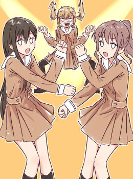 0_0 3girls :d absurdres angry bang_dream! black_hair blank_eyes blonde_hair brown_dress brown_hair buttons clenched_hands commentary double-breasted dress feet_out_of_frame floating hanasakigawa_school_uniform hanazono_tae hashtag-only_commentary highres ichigaya_arisa long_hair long_sleeves looking_at_viewer medium_hair multiple_girls neck_ribbon open_mouth orange_background ponytail red_ribbon ribbon sailor_collar sailor_dress school_uniform short_dress sidelocks single_sidelock sleeve_cuffs smile spotlight standing straight_hair teeth twintails v-shaped_eyebrows v-shaped_eyes wavy_hair white_sailor_collar winter_uniform yamabuki_saya yukitake_(xuserpost)