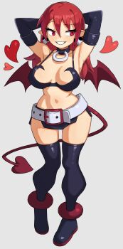 1girl absurdres aged_up alternate_breast_size_(larger) armpits arms_behind_head arms_up bat_wings bikini bikini_top_only black_bikini black_boots black_gloves black_skirt boots breasts choker curvy demon_girl demon_tail demon_wings disgaea earrings elbow_gloves etna_(disgaea) flowerpigeon full_body gloves grin hair_down heart highres jewelry large_breasts long_hair looking_at_viewer looking_to_the_side makai_senki_disgaea_2 microskirt mini_wings navel o-ring o-ring_choker pointy_ears red_eyes red_hair red_tail red_wings side_slit skirt skull_earrings smile solo swimsuit tail thigh_boots wings