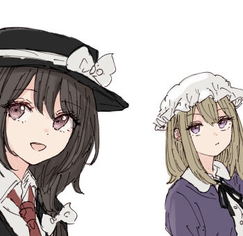 2girls black_capelet black_hat black_ribbon blonde_hair bow brown_hair buttons capelet closed_mouth collared_shirt commentary contrast_collar hair_between_eyes hair_bow hat hat_bow kashiwada_kiiho looking_at_viewer maribel_hearn medium_hair mob_cap multiple_girls purple_eyes purple_shirt red_eyes ribbon shirt shirt_ribbon teeth touhou upper_teeth_only usami_renko white_background white_bow white_hat white_shirt