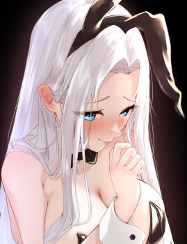 1girl animal_ear_hairband animal_ears azur_lane bare_shoulders black_bow black_bowtie black_leotard blue_eyes blush bow bowtie breasts cleavage commentary_request eyes_visible_through_hair fake_animal_ears hairband highres large_breasts leotard looking_at_viewer nonokuro_no96 official_alternate_costume playboy_bunny rabbit_ear_hairband rabbit_ears simple_background solo white_wrist_cuffs wrist_cuffs yorktown_ii_(an_evening's_companionship)_(azur_lane)