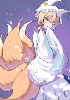Rule 34 | 1girl, absurdres, animal ear headwear, animal hat, blonde hair, blue tabard, blush, commentary, covered mouth, dress, fake animal ears, fox girl, fox tail, frilled hat, frills, hat, head tilt, highres, kitsune, kyuubi, long sleeves, looking at viewer, looking to the side, mob cap, multiple tails, penciu0125, purple background, short hair, solo, tabard, tail, touhou, white dress, white hat, wide sleeves, yakumo ran, yellow eyes