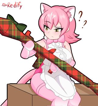 1girl ? animal_ears apron bare_shoulders blush bow bowtie breasts commentary elbow_gloves english_commentary extra_ears gift gloves highres iredify kemono_friends kemono_friends_3 large_breasts panther_ears panther_girl panther_tail peach_panther_(kemono_friends) pink_hair plaid rocket_launcher rpg rpg-7 rpg_(weapon) shirt short_hair sitting solo tail weapon yellow_eyes