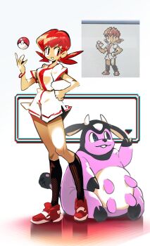 1girl derivative_work full_body gen_2_pokemon highres miltank nintendo poke_ball pokemon pokemon_gsc shakeeeeeeeee sprite_redraw whitney_(pokemon)