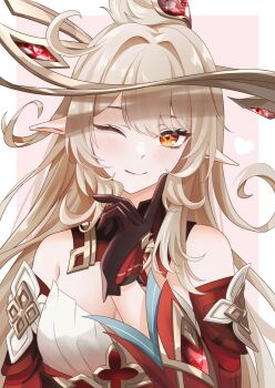 Rule 34 | 1girl, alice (genshin impact), bare shoulders, black gloves, blonde hair, closed mouth, detached sleeves, dress, genshin impact, gloves, hand up, highres, index finger raised, long hair, long sleeves, looking at viewer, mon-chan, orange eyes, pink background, pointy ears, smile, solo, two-tone background, upper body, white background