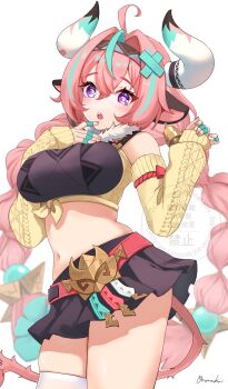 ahoge amaneko_(amaneko_y) animal_ears aqua_hair bell belt black_skirt braid breasts bright_pupils cow_ears cow_horns cow_tail cowbell cowboy_shot detached_sleeves fur_trim genshin_impact hair_between_eyes hairband highres horns large_breasts long_hair long_sleeves looking_at_viewer midriff multicolored_hair navel open_mouth pink_hair purple_eyes signature simple_background single_thighhigh skirt streaked_hair tail teeth thighhighs twin_braids upper_teeth_only varesa_(genshin_impact) white_background yellow_sleeves