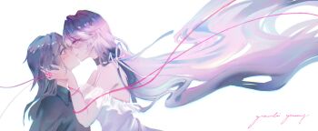 2girls absurdres artist_name black_choker black_hair black_shirt blush character_request chief_(path_to_nowhere) chinese_commentary choker collared_shirt commentary_request couple dress eye_contact female_chief_(path_to_nowhere) forced_kiss from_side garlic_gummy hair_between_eyes hair_ribbon highres kiss kissing_cheek long_hair long_sleeves looking_at_another multiple_girls off-shoulder_dress off_shoulder parted_lips path_to_nowhere profile purple_eyes ribbon shirt simple_background spaghetti_strap string string_around_finger string_of_fate sweatdrop upper_body very_long_hair wavy_hair white_background white_ribbon yuri