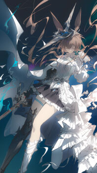 1girl absurdres amiya_(arknights) amiya_(guard)_(arknights) amiya_(guard)_(in_a_myriad_of_universes)_(arknights) animal_ears arknights armored_boots asymmetrical_footwear black_boots black_skirt boots brown_hair cape chinese_commentary closed_eyes closed_mouth commentary_request dress gauntlets helmet highres holding holding_sword holding_weapon jewelry long_hair luozhou_pile mismatched_footwear multiple_rings official_alternate_costume partial_commentary rabbit_ears rabbit_girl ring side_cape single_gauntlet skirt solo sword very_long_hair weapon white_boots white_cape white_dress