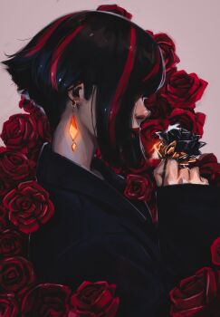 Rule 34 | 1girl, absurdres, black flower, black hair, black jacket, black rose, closed mouth, commentary request, earrings, floral background, flower, from side, hair over eyes, highres, holding, holding flower, jacket, jewelry, lips, lipstick, long sleeves, makeup, multicolored hair, nose, original, pink background, red flower, red lips, red rose, red streaks, rose, short hair, sidelocks, sleeves past wrists, solo, streaked hair, titanartx, upper body