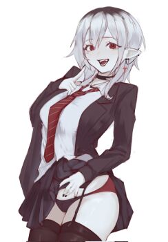 Rule 34 | 1girl, black choker, black jacket, black nails, black panties, black thighhighs, borrowed character, breasts, choker, cross, cross earrings, dzen (dadadadada 27), ear piercing, earrings, english text, face piercing, flashing, garter straps, hair between eyes, jacket, japanese text, jewelry, large breasts, medium hair, multiple views, necktie, open mouth, original, panties, piercing, pointy ears, red eyes, red necktie, reference sheet, riko (channyy19), shirt, smile, solo, striped clothes, striped necktie, thighhighs, thighs, underwear, vampire, white background, white shirt