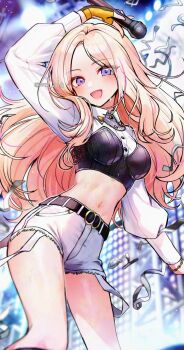 1girl arm_up belt blonde_hair breasts buttons collared_shirt commentary_request crop_top cutoffs fingerless_gloves gakuen_idolmaster gloves grin highres holding holding_microphone idolmaster iro_178 juo_sena long_hair long_sleeves looking_at_viewer medium_breasts microphone midriff navel parted_bangs purple_eyes shirt short_shorts shorts smile solo standing stomach strapless sweat tube_top very_long_hair watermark white_shirt white_shorts yellow_gloves
