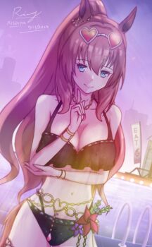 1girl animal_ears bare_shoulders bikini black_bikini blue_eyes blush breasts brown-tinted_eyewear brown_hair cleavage closed_mouth collarbone eyewear_on_head flower green_eyes hair_between_eyes heart heart-shaped_eyewear highres horse_ears horse_girl horse_tail jewelry large_breasts long_hair looking_at_viewer maruzensky_(hot_summer_night)_(umamusume) maruzensky_(umamusume) navel official_alternate_costume orange-tinted_eyewear ponytail pool poolside risdiya ruffle_bikini smile solo stomach sunglasses swimsuit tail tinted_eyewear umamusume water white-framed_eyewear