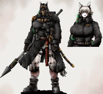 1girl absurdres animal_ears aquila_(symbol) armor bandaged_leg bandages black_coat boots coat commentary death_korps_of_krieg ears_through_headwear english_commentary gas_mask grey_hair hair_between_eyes helmet highres holding holding_polearm holding_weapon horse_ears horse_girl horse_tail imperial_aquila kemonomimi_mode knee_armor looking_at_viewer mask muscular muscular_female notched_ear octosoup original pauldrons personification polearm pouch red_eyes saber_(weapon) sanpaku scar scar_on_face scar_on_mouth shadow shoulder_armor spear sword tail test_tube trench_coat tube umamusume veiny_legs warhammer_40k weapon