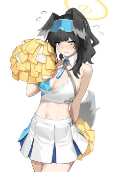 1girl animal_ears bare_shoulders black_hair blue_archive breasts cheerleader cleavage commentary_request cowboy_shot dog_ears dog_girl dog_tail eyewear_on_head flying_sweatdrops goggles goggles_on_head grey_eyes halo hand_up hibiki_(blue_archive) hibiki_(cheer_squad)_(blue_archive) highres holding holding_pom_poms looking_at_viewer midriff millennium_cheerleader_outfit_(blue_archive) mixed-language_commentary name_tag navel official_alternate_costume oregano_(olgn_eao) pom_pom_(cheerleading) pom_poms shy simple_background skirt solo sports_bra star_(symbol) star_sticker sticker sticker_on_face sweatdrop tail text_print two-tone_sports_bra white_background white_skirt yellow_halo