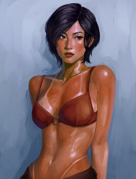 1girl absurdres ada_wong artist_name bikini bikini_tan black_hair breasts collarbone commentary english_commentary highres looking_at_viewer maizeyart navel o-ring o-ring_top realistic red_bikini resident_evil short_hair solo swimsuit tan tanline