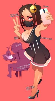 2girls artist_self-insert black_choker black_dress black_footwear black_mask blush breasts brown_eyes brown_hair cat cellphone choker cleavage combos-n-doodles_(person) combos_&amp;_doodles dress dual_persona english_text high_heels highres holding holding_phone large_breasts mask mouth_mask multiple_girls phone real_life red_background self-portrait selfie short_dress sitting sleeveless sleeveless_dress smartphone solo_focus standing tan tanline twintails v