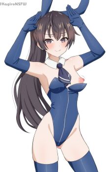 >:) 1girl absurdres alternate_costume animal_ears armpits arms_up bare_shoulders black_necktie blue_leotard blue_thighhighs blush breasts brown_eyes brown_hair closed_mouth commentary cowboy_shot detached_collar fake_animal_ears film_grain gluteal_fold hair_between_eyes highleg highleg_leotard highres huge_filesize kagironsfw leotard long_hair looking_at_viewer mixed-language_commentary motion_lines necktie one_breast_out paid_reward_available playboy_bunny ponytail rabbit_ears rabbit_pose ringed_eyes short_necktie simple_background skindentation small_breasts smile smug solo split_mouth standing strapless strapless_leotard suou_yuki thighhighs tokidoki_bosotto_roshia-go_de_dereru_tonari_no_alya-san twitter_username v-shaped_eyebrows very_long_hair wardrobe_malfunction white_background