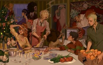 2girls 6+boys apron black_hair black_nails blonde_hair blue_hair blunt_bangs brook_(one_piece) carrying carrying_person champagne_flute christmas_tree cigarette commentary crossed_arms cup curly_eyebrows cutting dress drinking_glass extra_arms eyewear_on_head facial_hair food franky_(one_piece) fruit goatee green_hair hair_over_one_eye highres holding holding_knife indoors jinbe_(one_piece) knife long_nose mandarin_orange monkey_d._luffy multiple_boys multiple_girls nami_(one_piece) necktie nico_robin one_eye_closed one_piece onex1x orange_hair pink_apron ponytail purple_dress roronoa_zoro sanji_(one_piece) santa_costume scar scar_across_eye scar_on_face short_hair sidelocks skeleton smile smoke straw_hat_pirates tomato tony_tony_chopper usopp